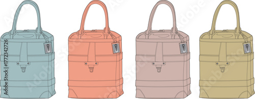 A collection of four stylish women's tote bags in pastel colors, a vector illustration representing fashion, accessories, and modern lifestyle