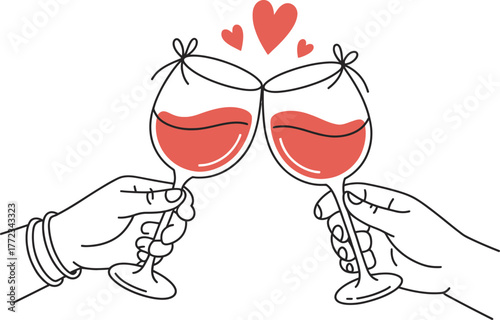 Two hands clinking wine glasses with hearts toast celebration