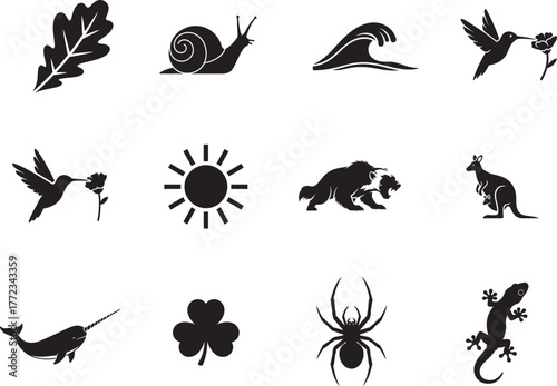 Collection of leaf, snail, wave, hummingbird, flower, sun,  various black silhouette icons on white background