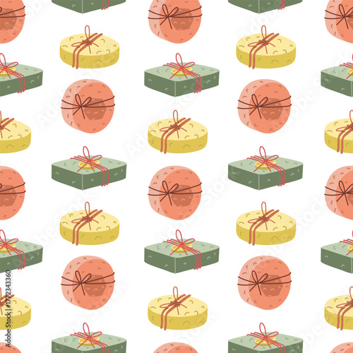 Seamless pattern with various colorful soap pieces tied with bow. Round, rectangular pieces as gift. Soap-making, handicraft for cosmetics. eco, colorful flat texture for packaging, textiles, design