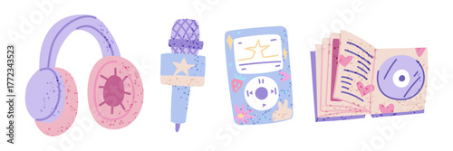 set of accessories for music and K-pop fans. Wireless headphones, a microphone, a player, and a photo book with a disk. Stickers for K-pop fans. A trendy, colorful flat illustration.