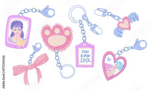 set of fashionable keychains for K-pop fans with photos of their idols, fluffy paw, bow, winged heart, text message. Keychains in various shapes in support of Korean idols. Colorful flat illustrations