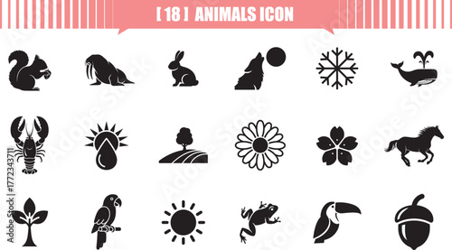 Collection of squirrel, walrus, rabbit, wolf, snowflake, whale,  black and white animal and nature vector icons