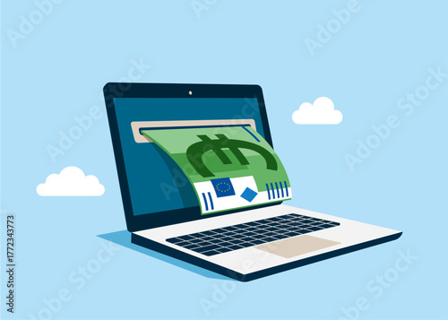 Euro banknote coming out laptop. Earnings on the Internet, E-commerce, Internet Marketing. Online Savings. Vector flat illustration