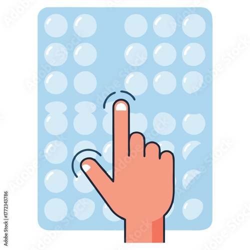 Colorful vector art showcasing a hand about to burst bubble wrap on a blue background. This illustration is ideal for topics related to stress relief, interactive technology, or tactile sensations.