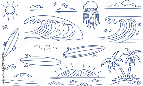 Hand drawn ocean wave surfboard sun jellyfish palm tree elements