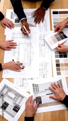 A group of people collaborate on architectural blueprints with color swatches