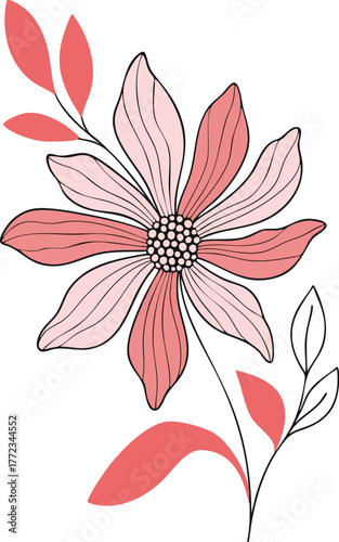 A beautifully simple flower illustration, blooming in shades of pink and coral. Delicate line art adds a touch of modern elegance. The perfect botanical element for any clean, stylish project.
