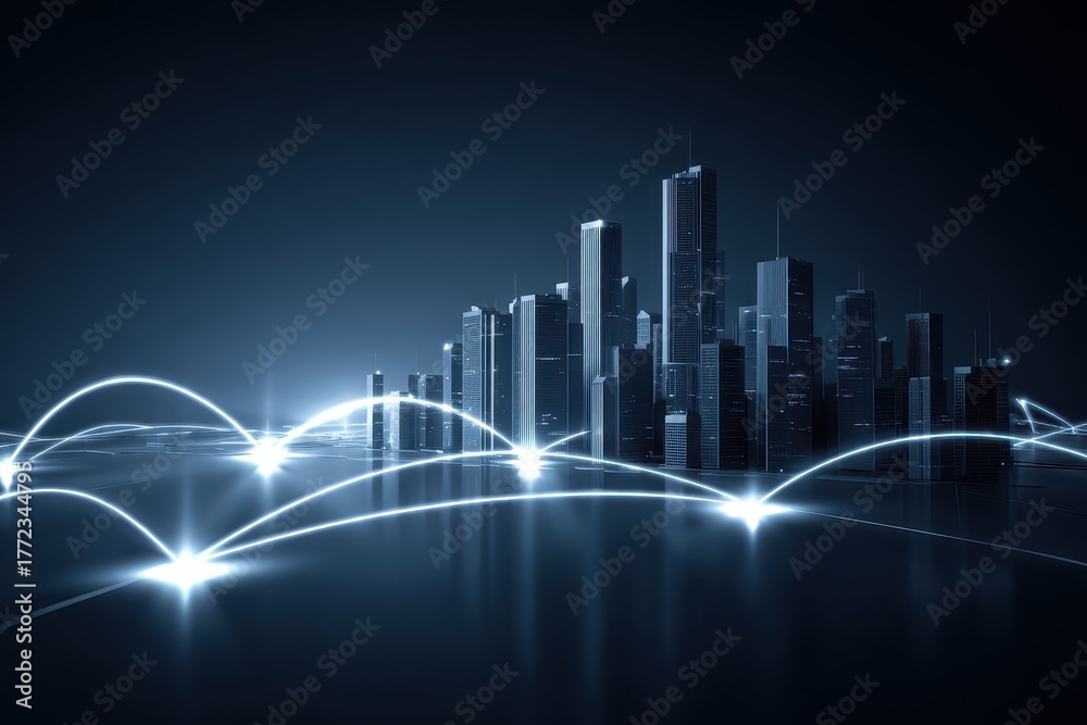 Fototapeta premium A digital metropolis symbolizing rising computing technologies, biotech innovation, automation systems, financial funding networks, integration, and ultra fast connectivity