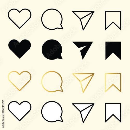 Set of generic social media user interface icons. Like, comment, share and save icons. Social media flat icons gold color