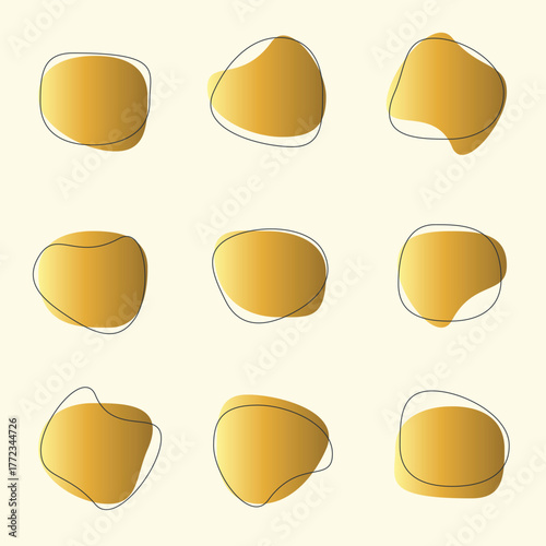 Set of blob shape collection with different style. Irregular round blot form gold color graphic element. Random oval pebble symbol