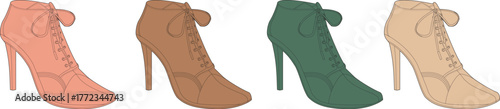 Four elegant high-heeled ankle boots in assorted colors coral, brown, green, and tan, showcasing fashion footwear