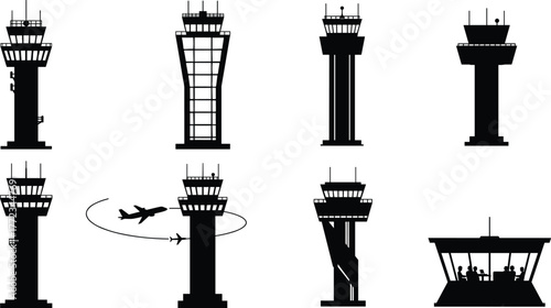 Air traffic control towers, aviation silhouettes, radar system, flight safety, airport architecture, black and white design, observation deck, airplane trail