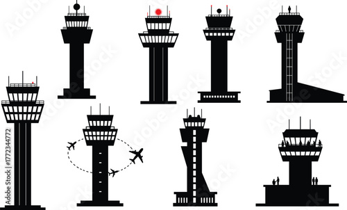 Air traffic control towers, silhouette design, aviation safety, radar system, airport architecture, black and white graphic, flight management, observation deck