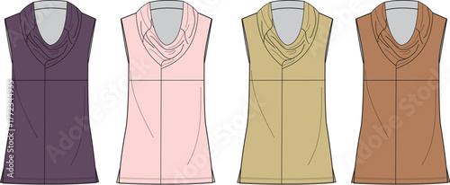 Four sleeveless cowl neck tops in different colors purple, pink, tan, and brown