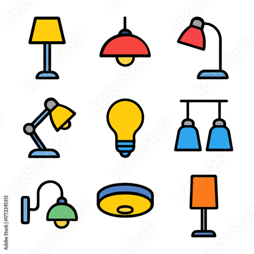 Colorful collection of various modern lamp designs and light bulbs.
