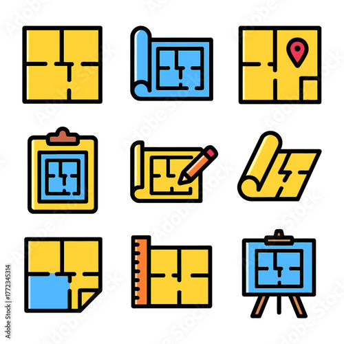 Set of floor plan icons with blueprints and design tools.