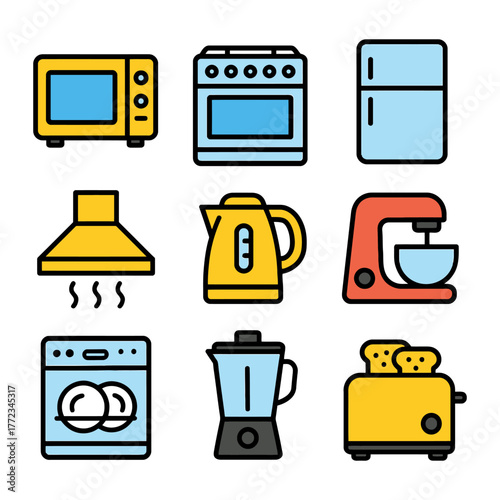 Colorful kitchen appliances icons - microwave, oven, blender, toaster, refrigerator.