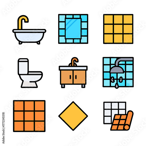 Colorful bathroom icons: bathtub, shower, sink, tiles, mirror, toilet.