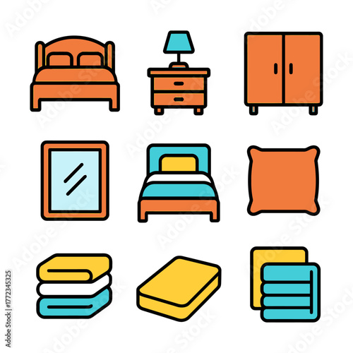 Bedroom furniture and essentials: bed, wardrobe, nightstand, mirror, lamp, pillow, bedding.