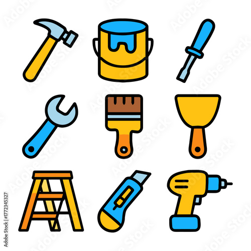 Colorful set of hand tools for home improvement and diy projects.