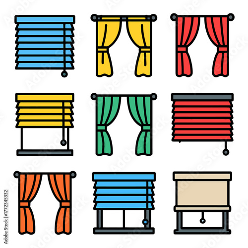 Colorful window blinds and curtains: blue, yellow, red, green assortment.