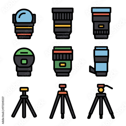 Colorful camera equipment icons with lenses and tripods.