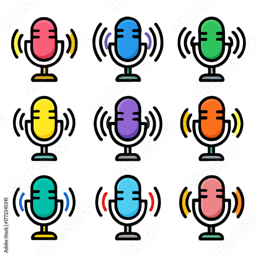 Colorful pop art microphone icons with audio waves on white background.