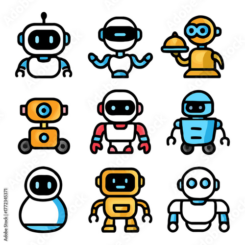 Collection of cute cartoon robots with unique designs and personalities.