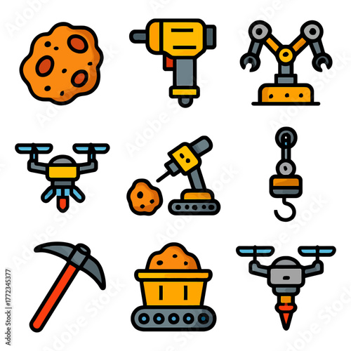 Futuristic mining equipment with drones and machinery icons.
