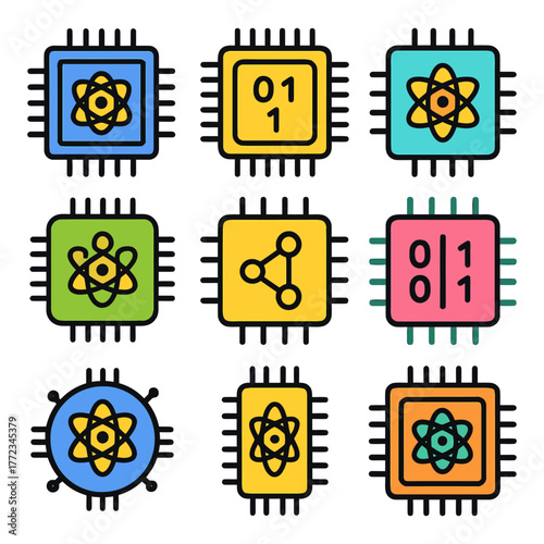 Colorful microchip patterns featuring atomic and binary designs.