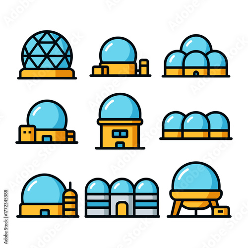 Set of cartoon observatory icons with domes and buildings.