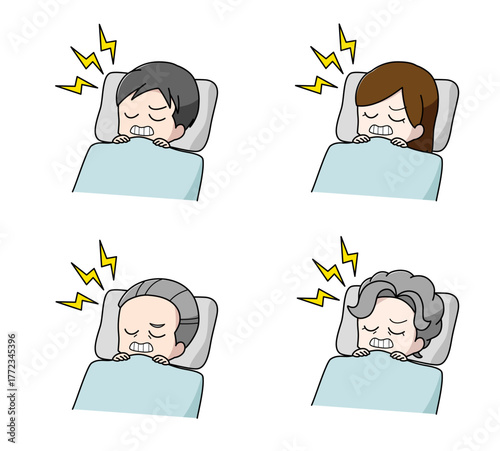 寝ているときに歯ぎしりをしている大人のイラスト4種類セット