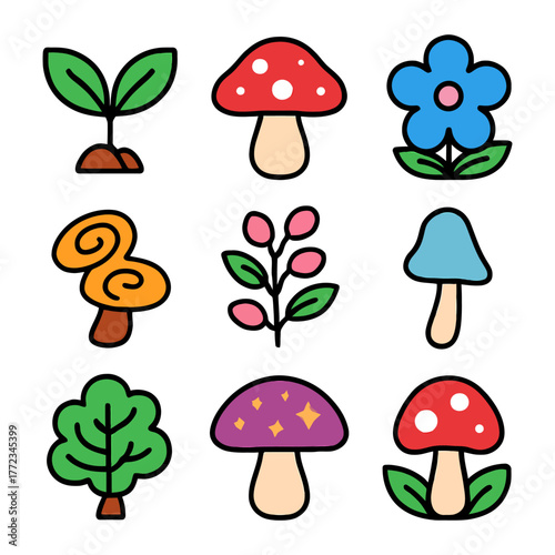 Colorful cartoon nature icons: mushrooms, flowers, trees, and plants set.