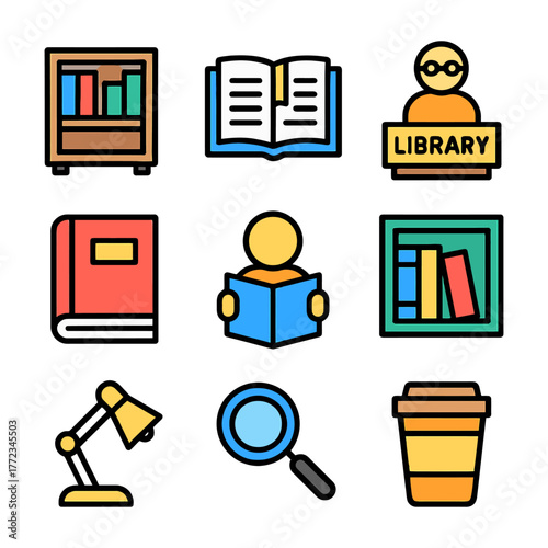 Library icons: books, reading, librarian, lamp, magnifying glass, coffee.