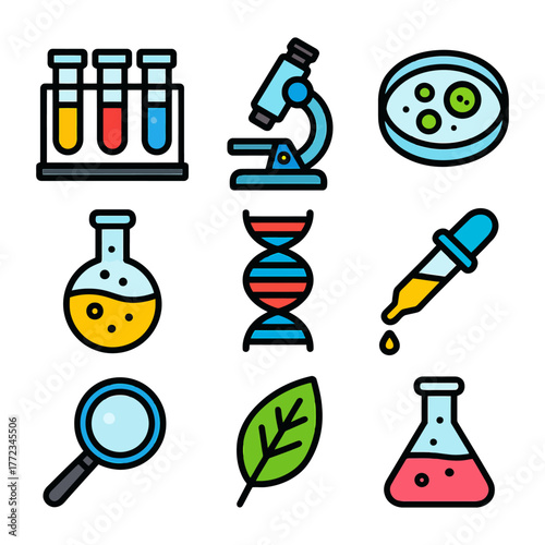 Colorful science icons: test tubes, microscope, petri dish, dna, flask.