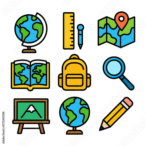 Colorful school and geography icons: globe, map, backpack, pencil, magnifying glass.