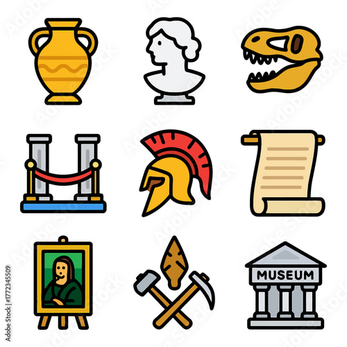 Ancient artifacts and historical symbols collection with museum icons.