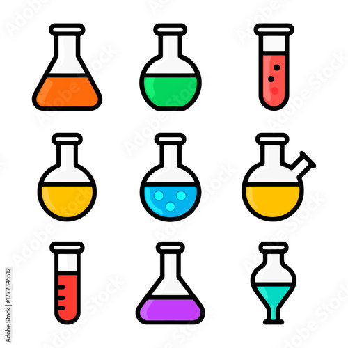 Colorful laboratory glassware set with various liquid contents.