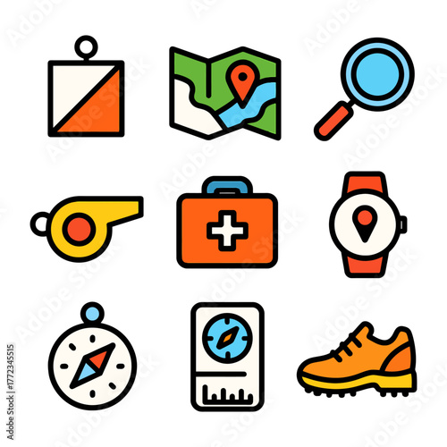 Colorful outdoor adventure icons including map, compass, and whistle.