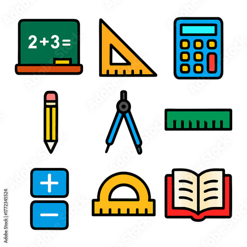 Colorful educational icons set with math tools and school supplies.