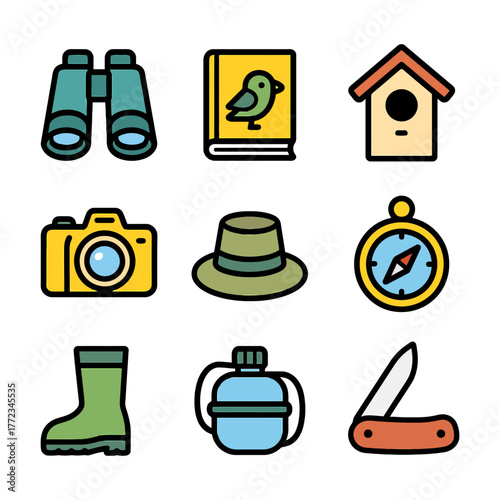 Birdwatching essentials: binoculars, guidebook, birdhouse, camera, hat, compass, boots, canteen, knife.