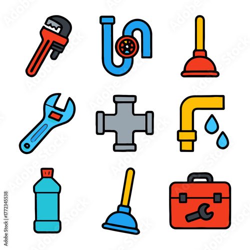 Colorful plumbing tools and icons set.