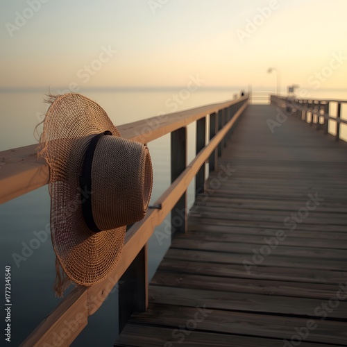 Summer’s Echo, Faded Straw Hat Hanging on an Empty Pier at Sunset, Warm Golden Light and Calm Sea, Nostalgic and Minimal Seaside Scene
