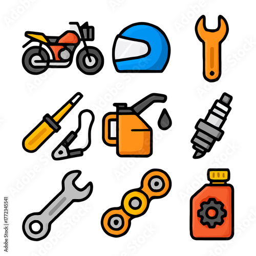 Motorcycle repair tools and accessories icons set.