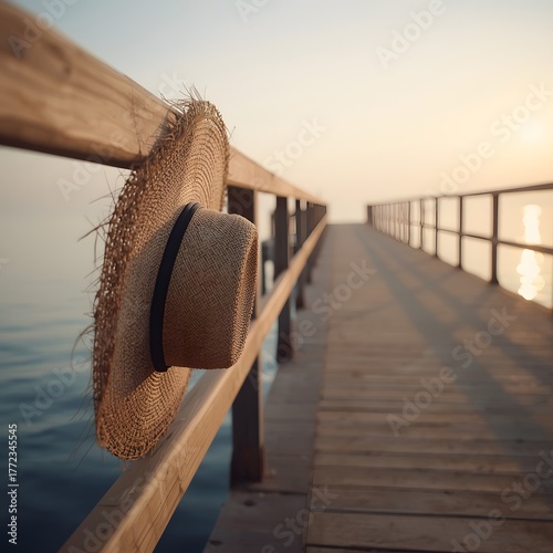 Summer’s Echo, Faded Straw Hat Hanging on an Empty Pier at Sunset, Warm Golden Light and Calm Sea, Nostalgic and Minimal Seaside Scene