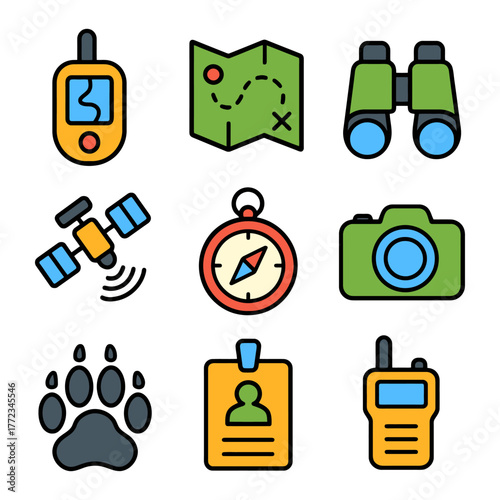 Colorful outdoor adventure icons: gps, map, binoculars, satellite, compass, camera, wildlife, id, radio.
