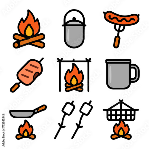 Camping icons set: campfire, sausage, kettle, mug, marshmallows, grill.