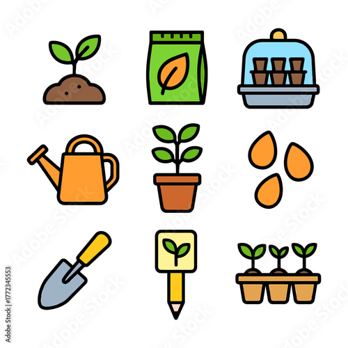 Illustrated gardening icons set featuring plants, tools, and seeds.