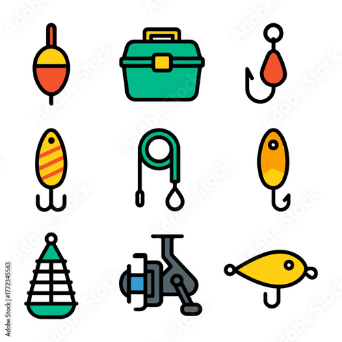 Collection of colorful fishing equipment icons featuring hooks and lures.